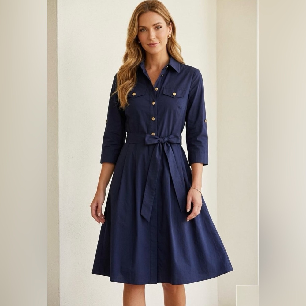 Tory Burch Navy Blue Shirtdress Features Gold-Toned Buttons & Tie Belt (NWT)